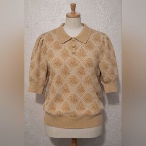 Simple Retro Beige Knit Polo Top | Vintage Inspired | Puff Sleeves | Size L